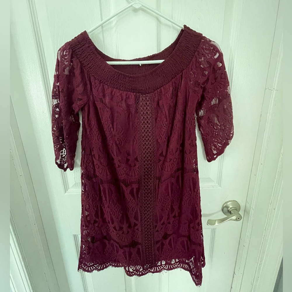 Trixxi lace off-the-shoulder elbow sleeve A-line mini dress, size S